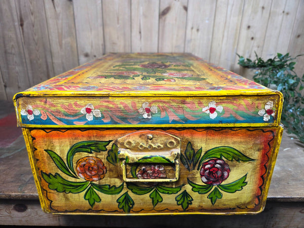 Vintage Indian Hand Painted Metal Tin Railway Travel Storage Chest Trunk