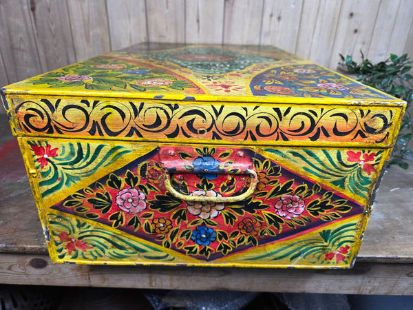 Vintage Indian Hand Painted Metal Tin Railway Travel Storage Chest Trunk