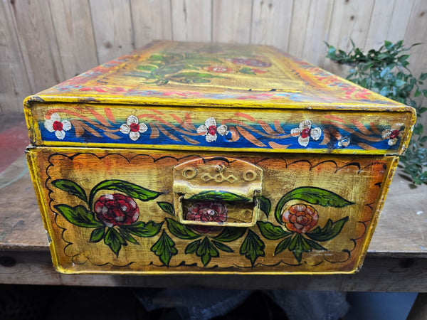 Vintage Indian Hand Painted Metal Tin Railway Travel Storage Chest Trunk