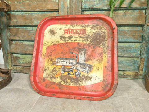 Vintage Original Indian Advertising Serving Tin Metal Tray Ahuja Stereo Records