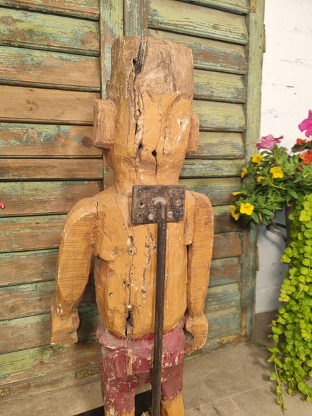 Antique Indian Hand Carved Wooden Painted Sculpture On Stand