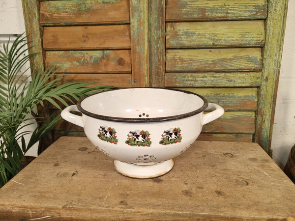 Vintage French European Enamel Colander Bowl Tub Garden Planter