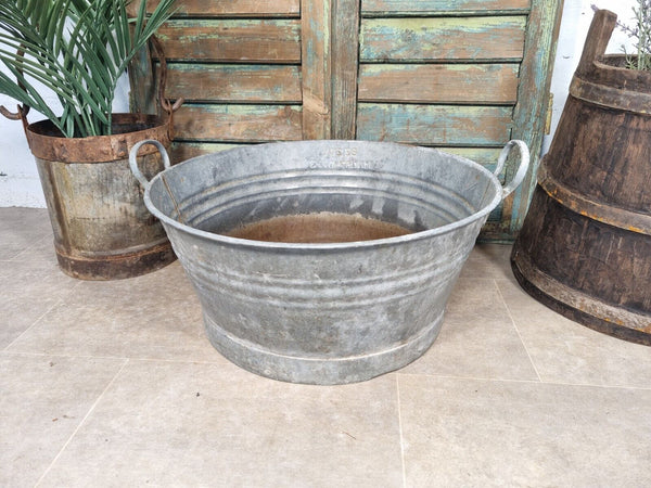 Vintage French European Galvanised Round Tub Bucket Pail Garden Planter