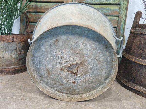 Large Vintage French European Galvanised Round Tub Bucket Pail Garden Planter
