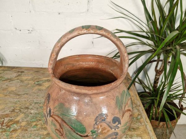 Antique Vintage European Hand Painted Glazed Terracotta Folk Art Confit Pot