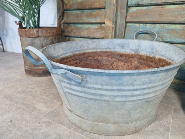 Large Vintage French European Galvanised Round Tub Bucket Pail Garden Planter