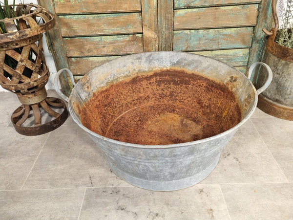 Large Vintage French European Galvanised Round Tub Bucket Pail Garden Planter