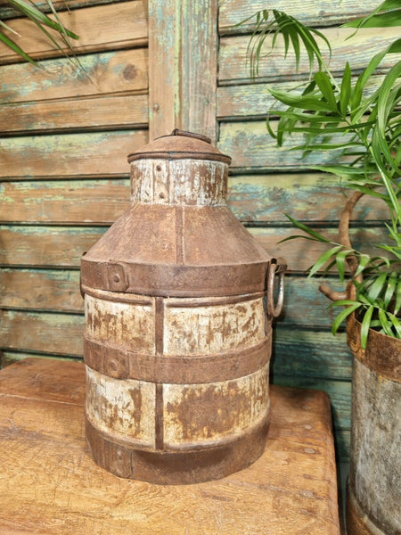 Vintage Heavy Duty Indian Riveted Banded Iron Milk Churn Vase Garden Planter