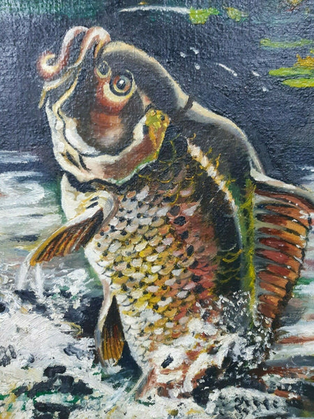 Carp Fishing Signed Oil Painting By Famous Bronze Sculpture Brian Elton