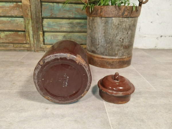 Vintage French Brown Enamel Metal Milk Water Churn Planter Vase Flower Display