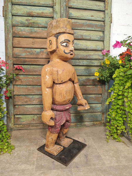 Antique Indian Hand Carved Wooden Painted Sculpture On Stand