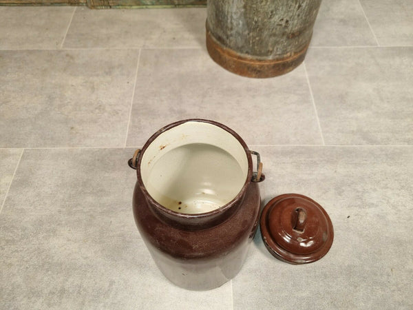 Vintage French Brown Enamel Metal Milk Water Churn Planter Vase Flower Display