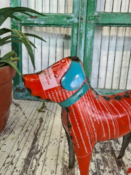 Hand Made Reclaimed Recycled Metal Oil Drum Paint Tin Dog Sculpture Garden