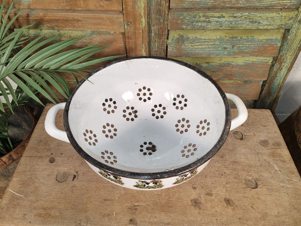 Vintage French European Enamel Colander Bowl Tub Garden Planter