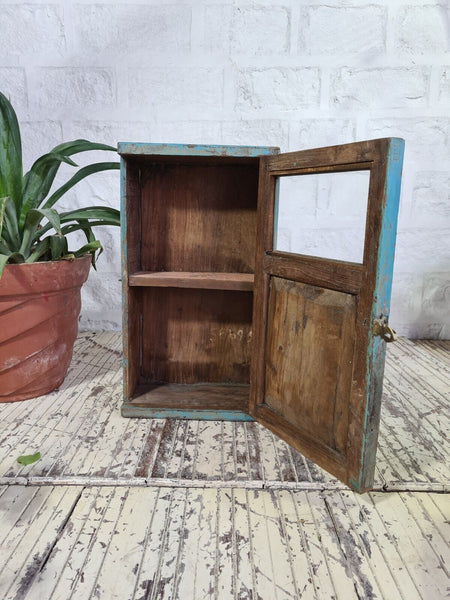 Vintage Rustic Indian Wooden Glazed Shop Display Bathroom Kitchen Wall Cabinet