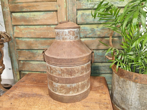 Vintage Heavy Duty Indian Riveted Banded Iron Milk Churn Vase Garden Planter