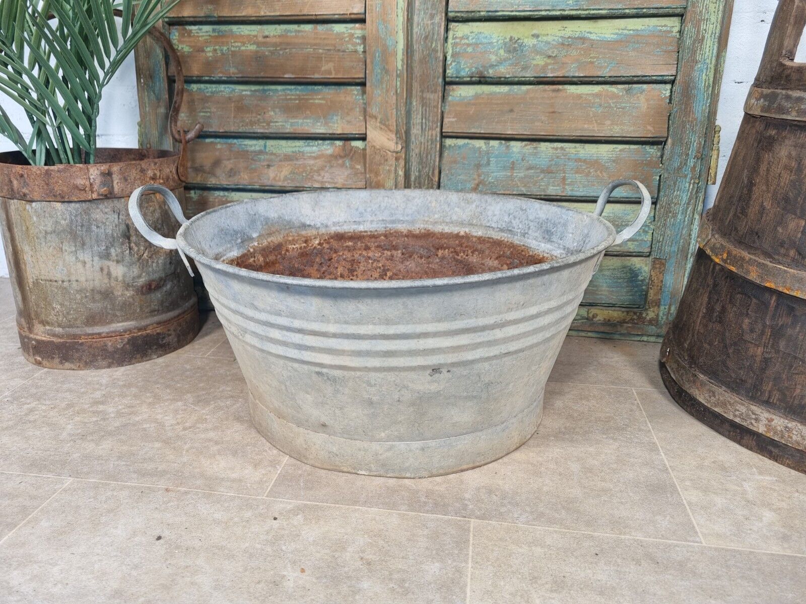 Large Vintage French European Galvanised Round Tub Bucket Pail Garden Planter