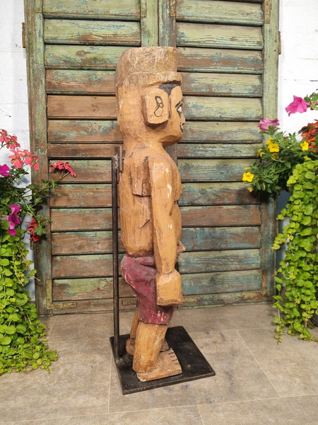 Antique Indian Hand Carved Wooden Painted Sculpture On Stand