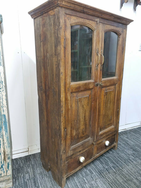 Large Antique Vintage Indian Solid Wooden Glazed Display Kitchen Pantry Cabinet