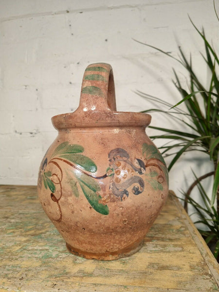 Antique Vintage European Hand Painted Glazed Terracotta Folk Art Confit Pot