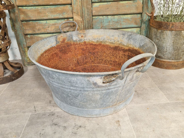 Large Vintage French European Galvanised Round Tub Bucket Pail Garden Planter