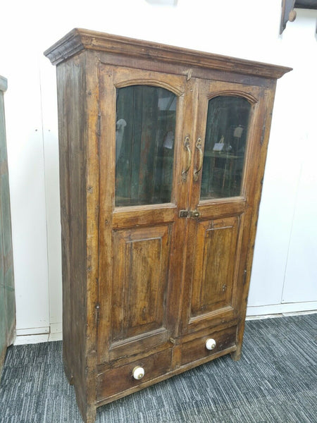 Large Antique Vintage Indian Solid Wooden Glazed Display Kitchen Pantry Cabinet