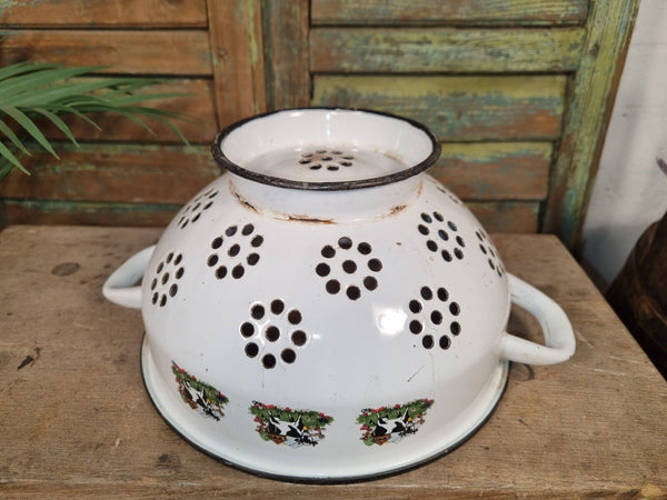 Vintage French European Enamel Colander Bowl Tub Garden Planter