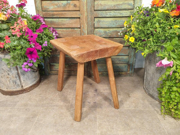 Vintage Reclaimed Rustic Wooden Milking Stool Side Table Bench Plant Stand