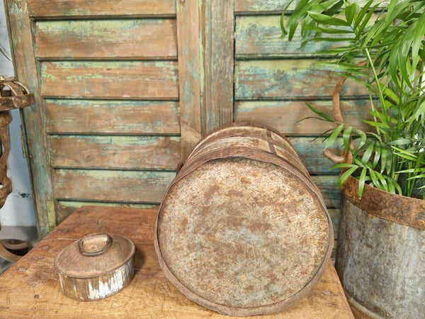 Vintage Heavy Duty Indian Riveted Banded Iron Milk Churn Vase Garden Planter