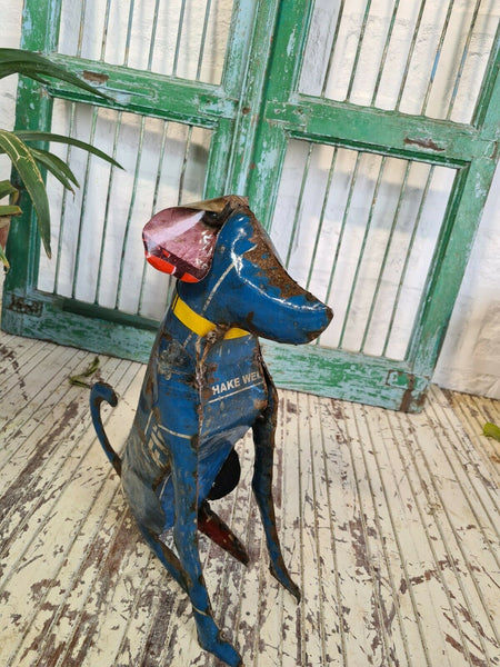 Hand Made Reclaimed Recycled Metal Oil Drum Paint Tin Dog Sculpture Garden