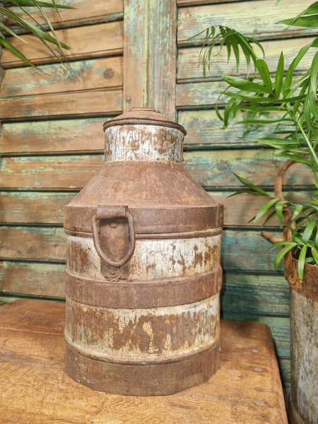 Vintage Heavy Duty Indian Riveted Banded Iron Milk Churn Vase Garden Planter