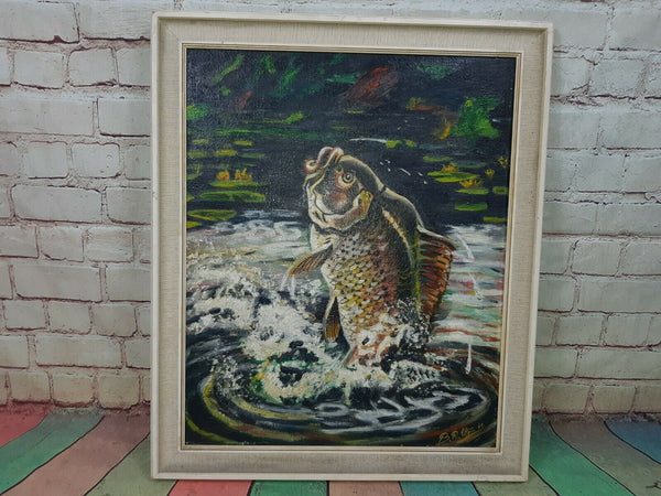 Carp Fishing Signed Oil Painting By Famous Bronze Sculpture Brian Elton