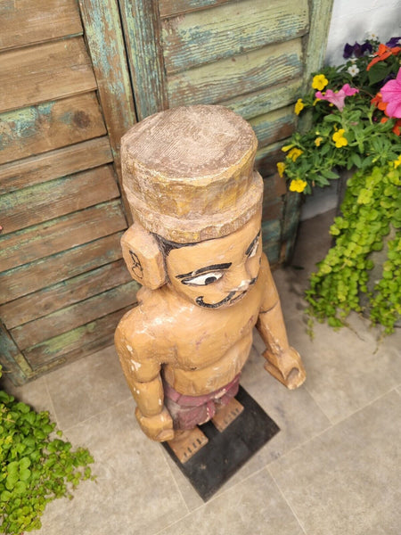 Antique Indian Hand Carved Wooden Painted Sculpture On Stand
