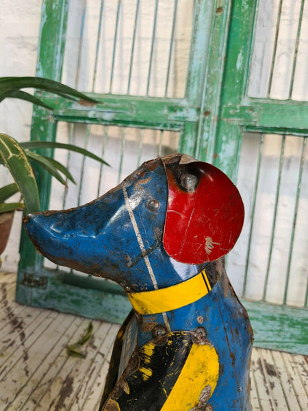 Hand Made Reclaimed Recycled Metal Oil Drum Paint Tin Dog Sculpture Garden