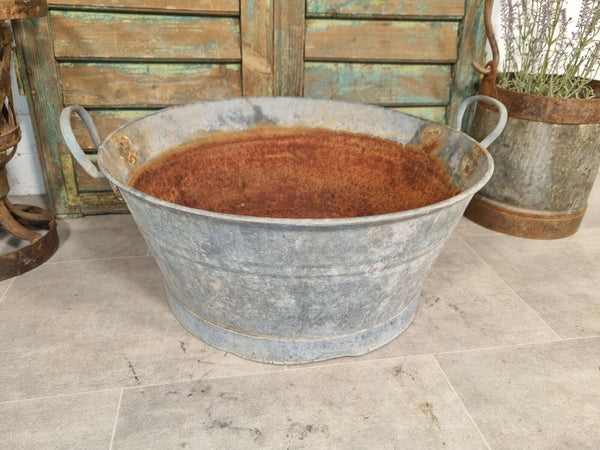 Large Vintage French European Galvanised Round Tub Bucket Pail Garden Planter