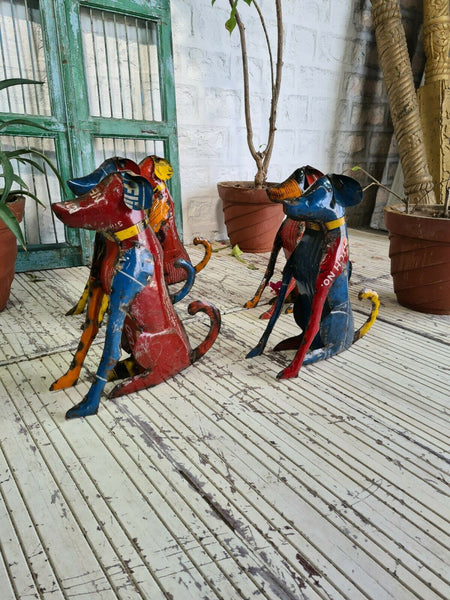 Hand Made Reclaimed Recycled Metal Oil Drum Paint Tin Dog Sculpture Garden
