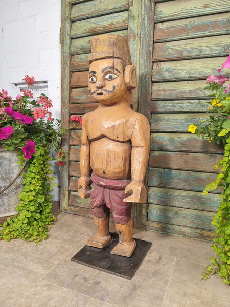 Antique Indian Hand Carved Wooden Painted Sculpture On Stand