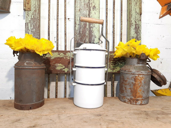 Vintage European Enamel Stacking 3 Pot Tiffin Box