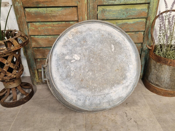 Large Vintage French European Galvanised Round Tub Bucket Pail Garden Planter