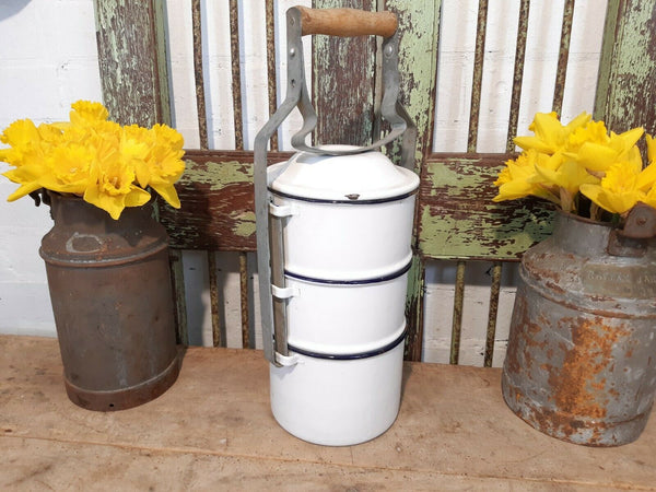 Vintage European Enamel Stacking 3 Pot Tiffin Box
