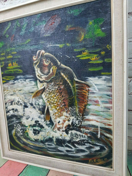 Carp Fishing Signed Oil Painting By Famous Bronze Sculpture Brian Elton