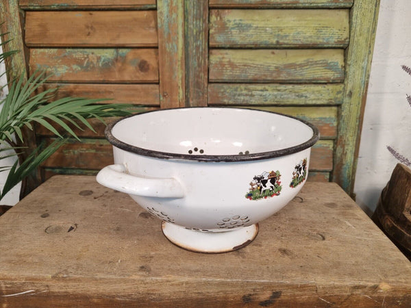 Vintage French European Enamel Colander Bowl Tub Garden Planter
