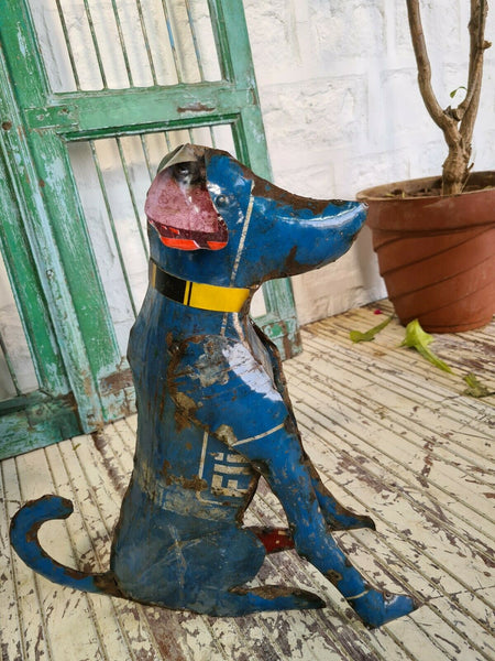 Hand Made Reclaimed Recycled Metal Oil Drum Paint Tin Dog Sculpture Garden