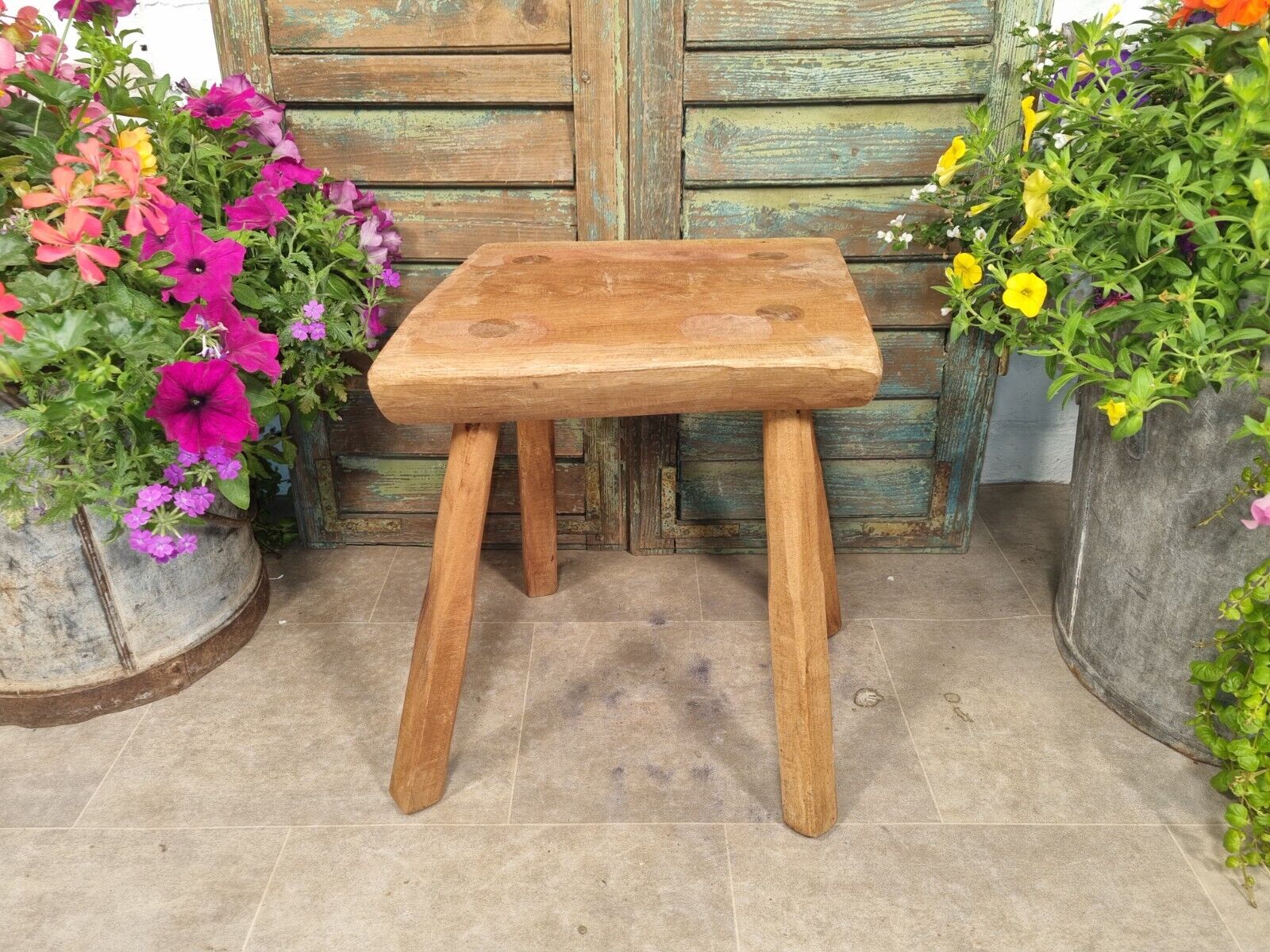 Vintage Reclaimed Rustic Wooden Milking Stool Side Table Bench Plant Stand