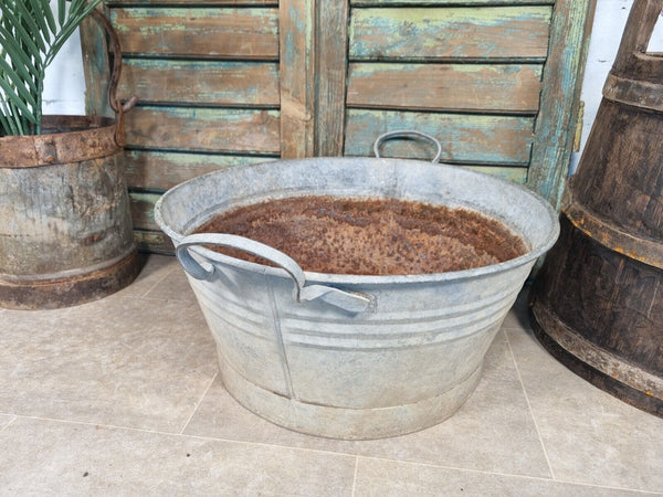 Large Vintage French European Galvanised Round Tub Bucket Pail Garden Planter