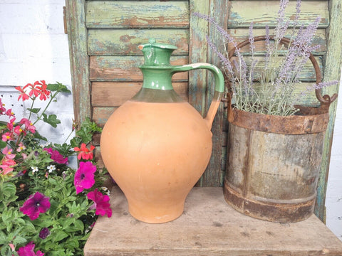 Vintage European Green Glazed Terracotta Wine Vessel Jug Pitcher Amphora