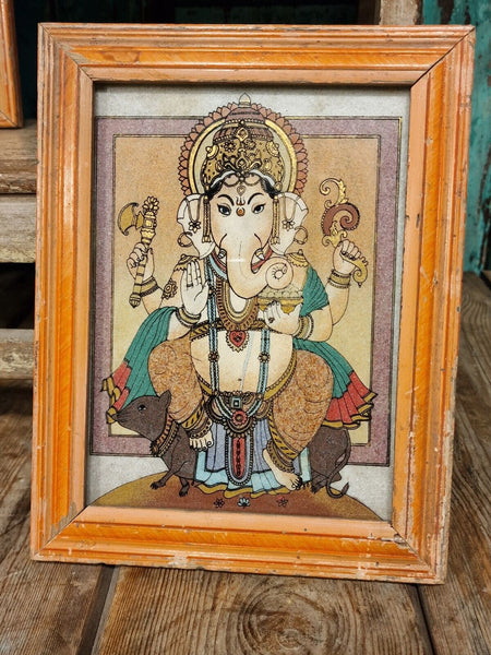 Vintage Reclaimed Framed Reverse Glass Ganesha Coloured Sand Painting