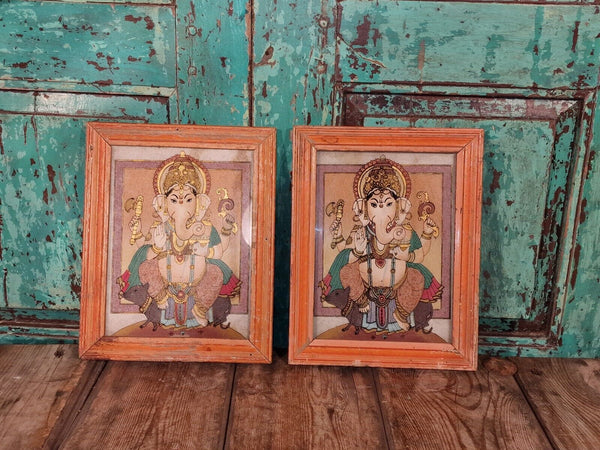 Vintage Reclaimed Framed Reverse Glass Ganesha Coloured Sand Painting