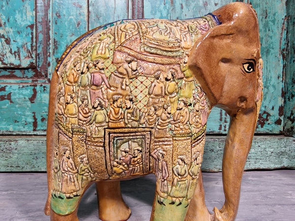 Vintage Hand Carved Solid Wooden Indian Kashmir Hand Painted Elephant Statue
