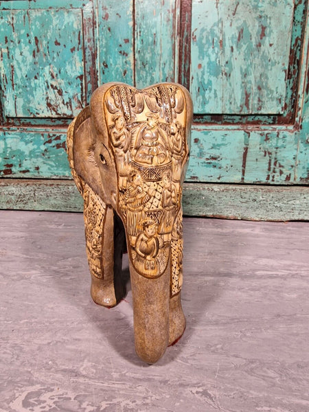 Vintage Hand Carved Solid Wooden Indian Kashmir Hand Painted Elephant Statue